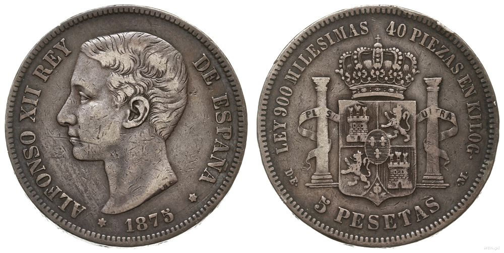 Hiszpania, 5 peset, 1875 DE-M