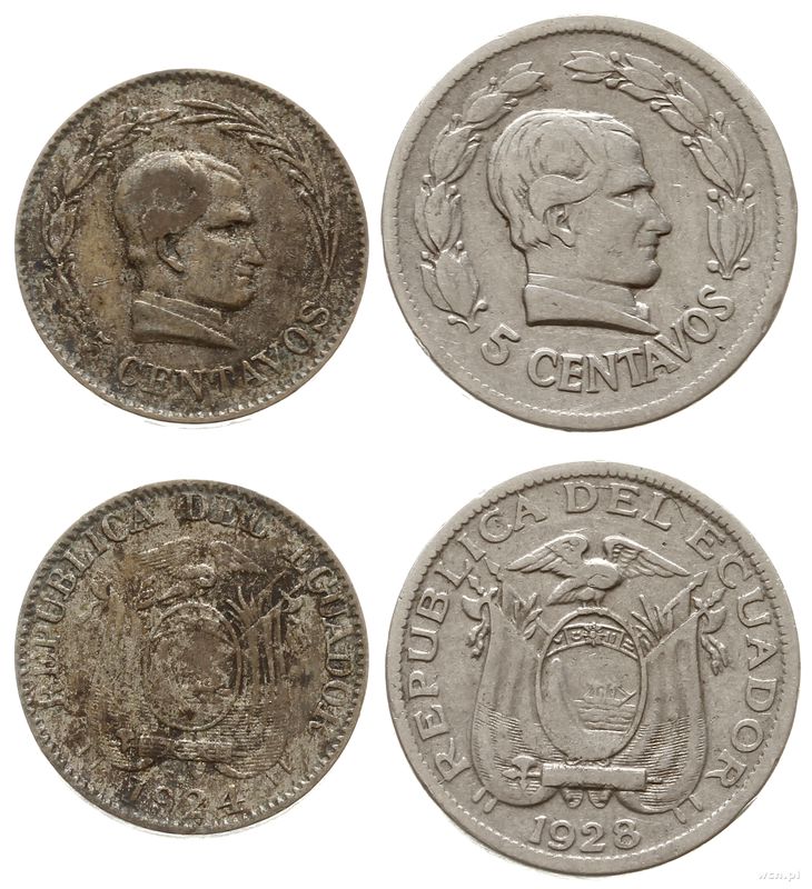 Ekwador, zestaw: 5 centavos 1924 Birmingham (miedzonikiel) i 5 cenatvos 1928 (nikiel)