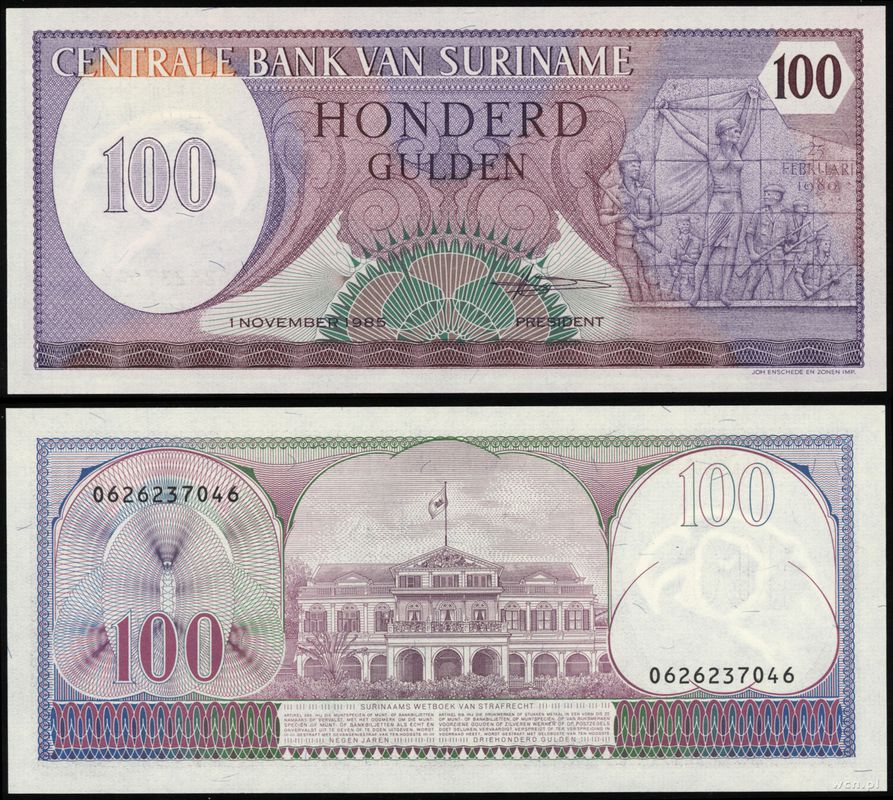 Surinam, 100 guldenów, 1.11.1985