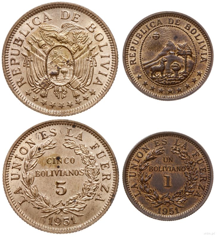 Boliwia, zestaw: 1 i 5 bolivianos, 1951 H