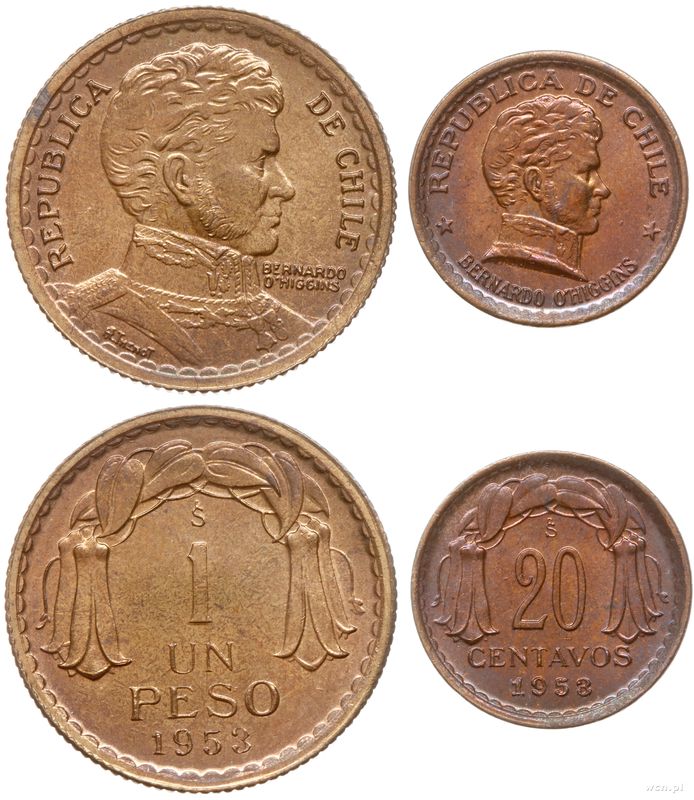 Chile, zestaw: 20 centavos i 1 peso, 1953