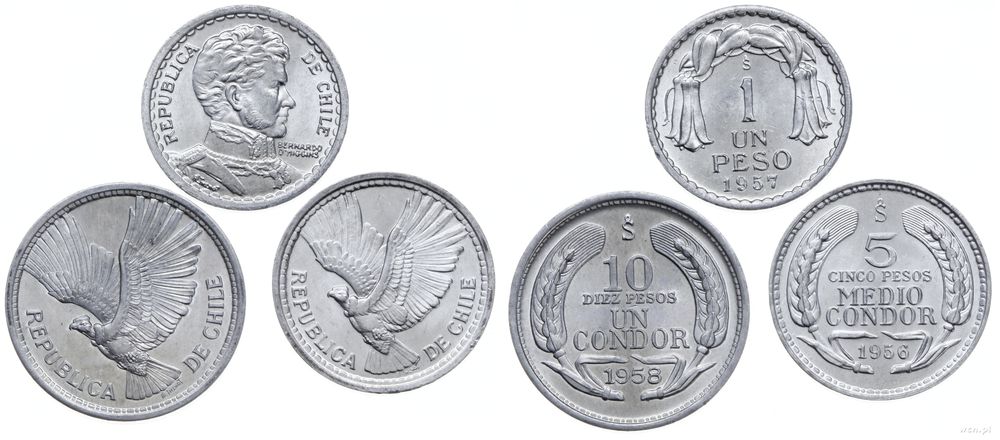 Chile, zestaw: peso 1957, 5 pesos 1956, 10 pesos 1958