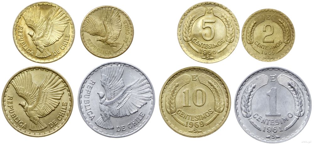 Chile, zestaw: 1 centesimo 1961, 2 centesimos 1965, 5 centesimos 1966, 10 centesimos 1969