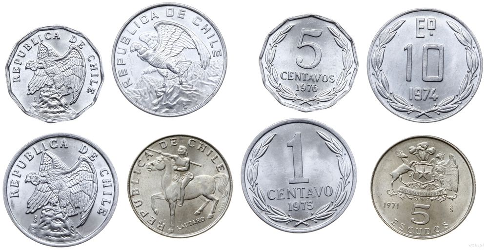Chile, zestaw: 1 centavo 1975, 5 centavos 1976, 5 escudos 1971, 10 escudos 1974
