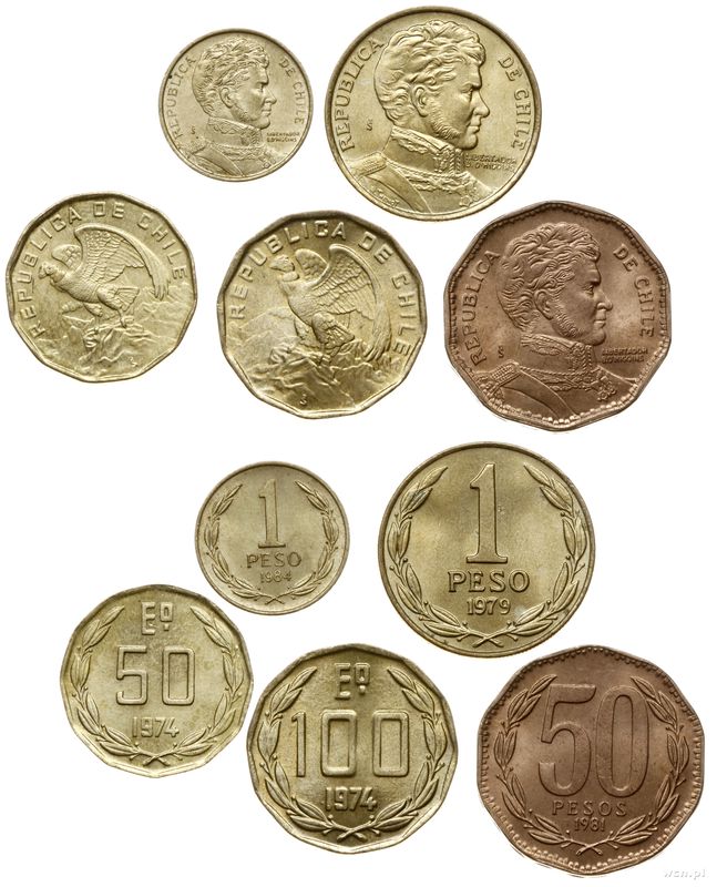 Chile, zestaw: 1 peso 1979, 1 peso 1984, 50 pesos 1981, 50 escudos i 100 escudos 1974