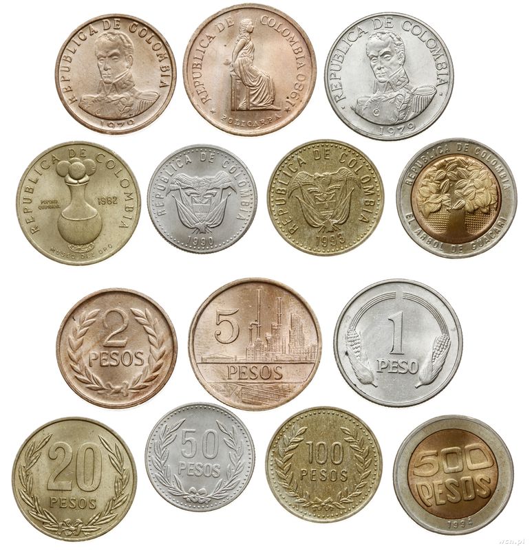 Kolumbia, zestaw: 1 peso 1979, 2 pesos 1979, 5 pesos 1980. 20 pesos 1982, 50 pesos 1990, 100 pesos 1993, 500 pesos 1994