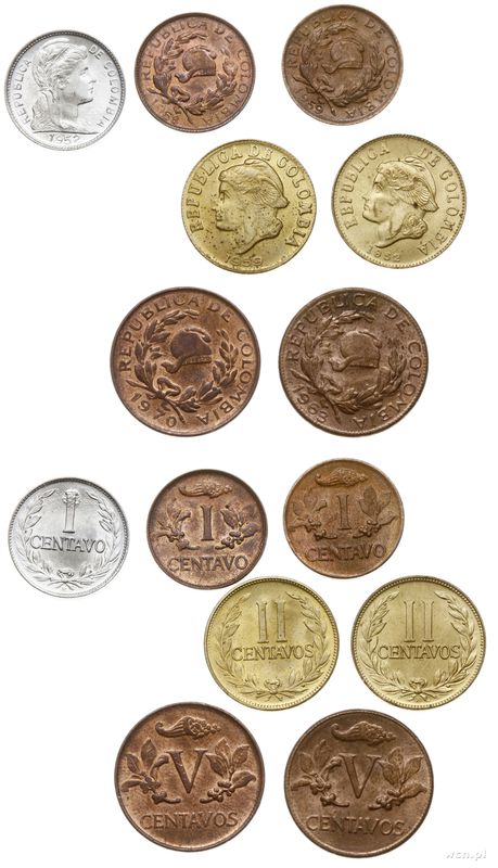 Kolumbia, zestaw: 1 i 2 centavos 1952 (Bogota), 1 centavo 1959, 1 centavo 1968, 2 centavos 1959, 5 centavos 1963, 5 centavos 1970 