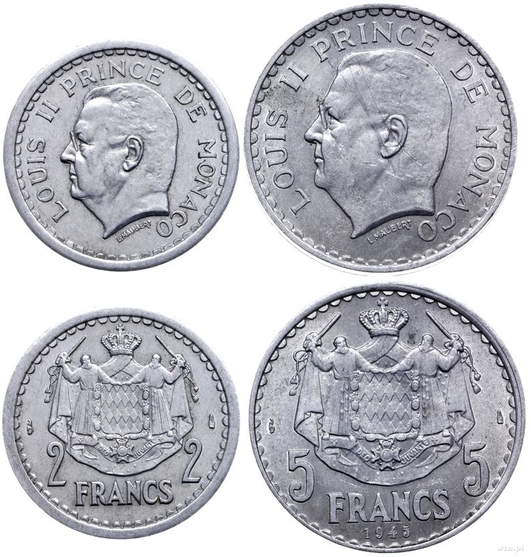Monako, zestaw: 5 franków 1945 i 2 franki bez daty (1943)