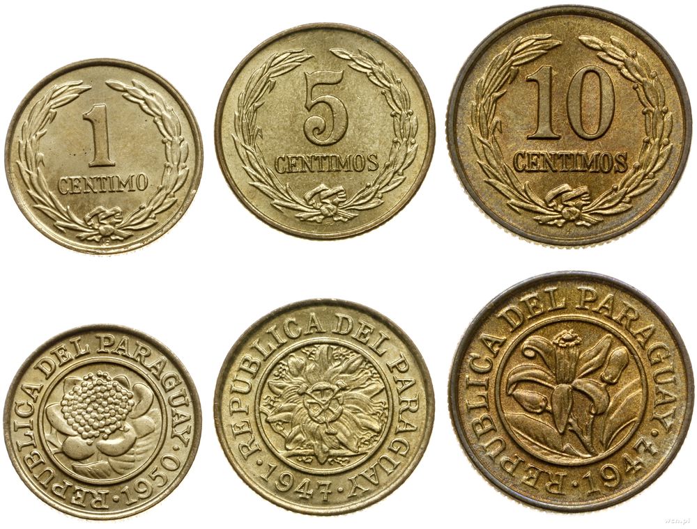 Paragwaj, zestaw: 1 centesimos 1950, 5 centesimos 1947, 10 centesimos 1947