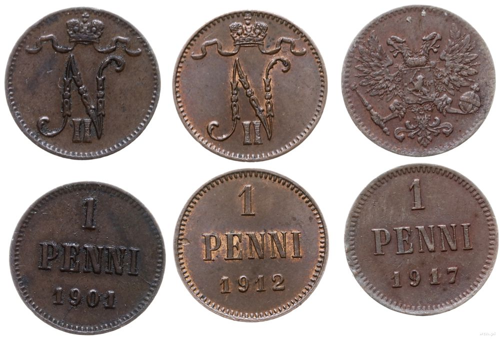 Finlandia, zestaw: 3 x 1 penni, 1901, 1912, 1917