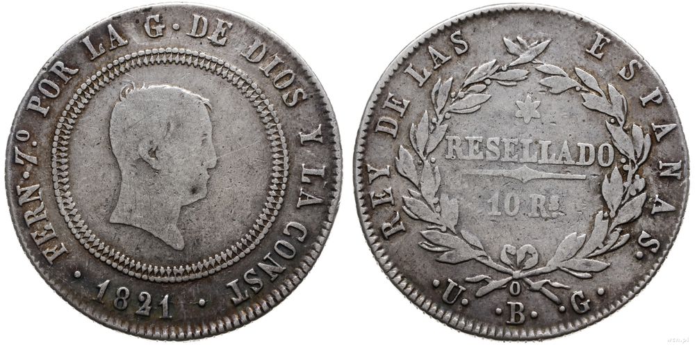 Hiszpania, 4 reale srebrne = 10 reali bilonowych, 1821 UG