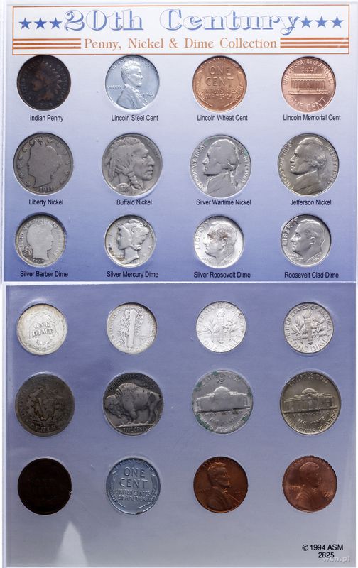Stany Zjednoczone Ameryki (USA), zestaw amerykańskich monet niskich nominałów z XX wieku
