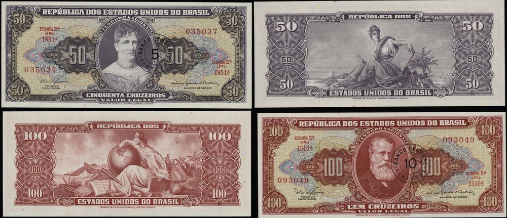 Brazylia, zestaw: 5 centavos na banknocie 50 cruzeiros i 10 centavos na banknocie 100 cruzeiros, 1966-1967
