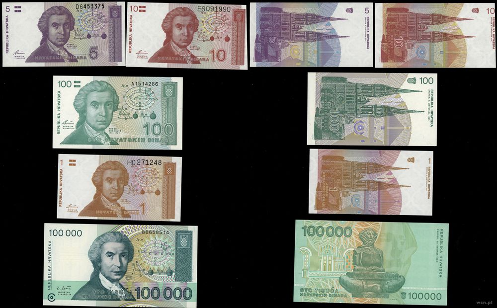 Chorwacja, zestaw: 1, 5, 10, 100, 100.000 dinarów, 1991