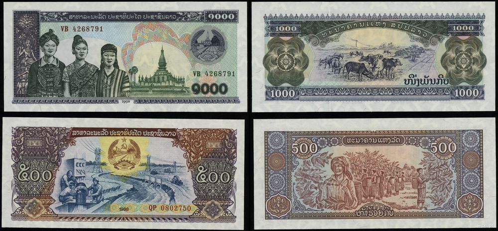 Laos, zestaw: 500 kip i 1.000 kip, 1988