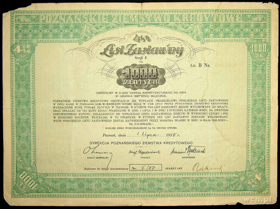 Polska, 4 1/2 % List Zastawny Poznańskiego Ziemstwa Kredytowego - 1000 złotych, 1.7.1935