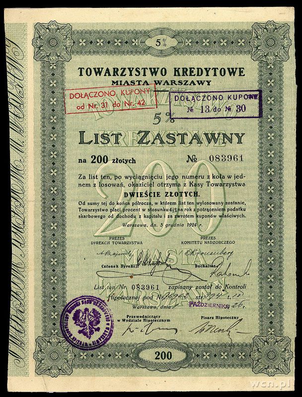 Polska, 5 % List Zastawny Towarzystwa Kredytowego miasta Warszawy - 200 złotych, 5.12.1924