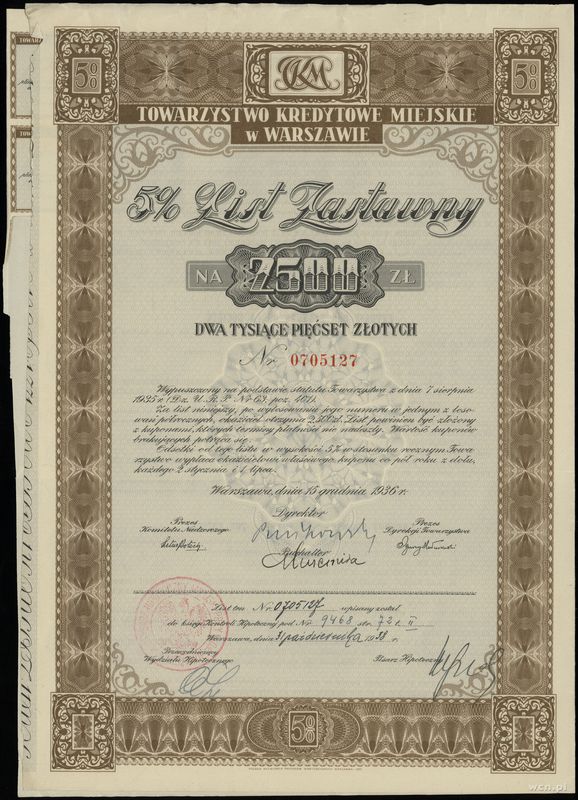 Polska, 5% list zastawny na 2.500 złotych, 15.12.1936