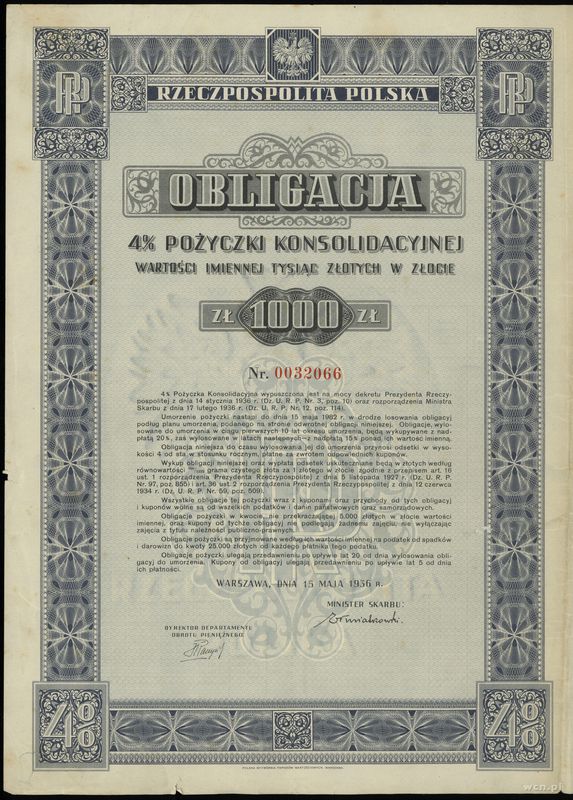 Rzeczpospolita Polska 1918-1939, obligacja 4% pożyczki konsolidacyjnej na 1000 złotych w złocie, 15.05.1936