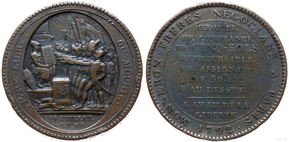 Francja, moneta w formie medalu wartości 5 soli z 1792 roku