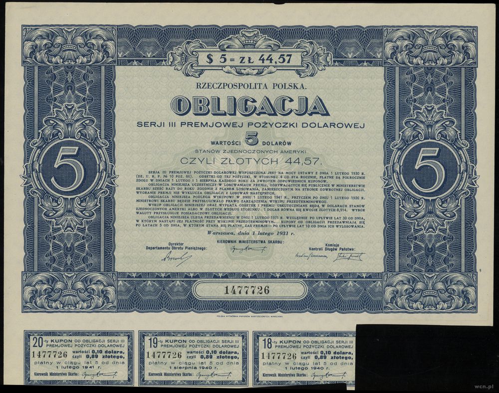 Rzeczpospolita Polska (1918–1939), obligacja pożyczki dolarowej wartości 5 dolarów = 44.57 złotego, 1.02.1931