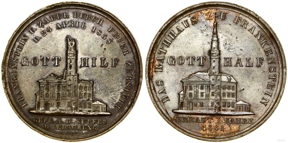 Śląsk, medal na pamiątkę pożaru ratusza w Ząbkowicach Śląskich, 1858