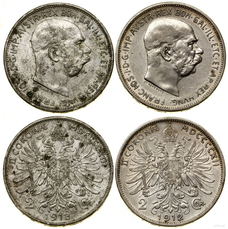 Austria, zestaw: 2 x 2 korony, 1912, 1913
