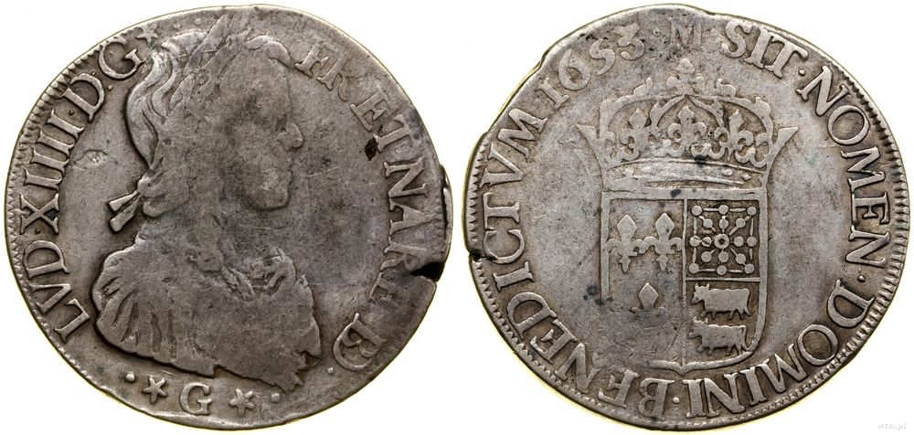 Francja, ecu de France et du Béarn à la mèche longue, 1653