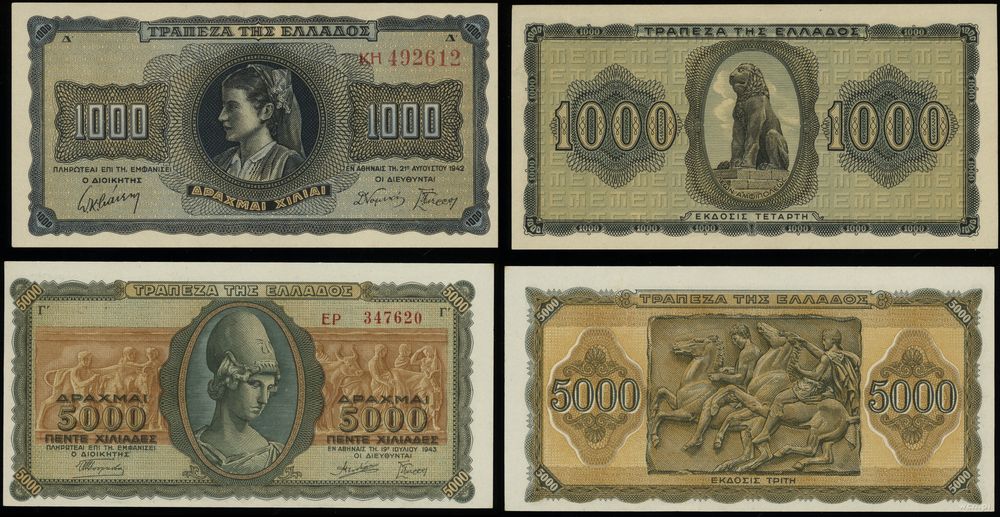 Grecja, zestaw 4 banknotów, 1942–1943
