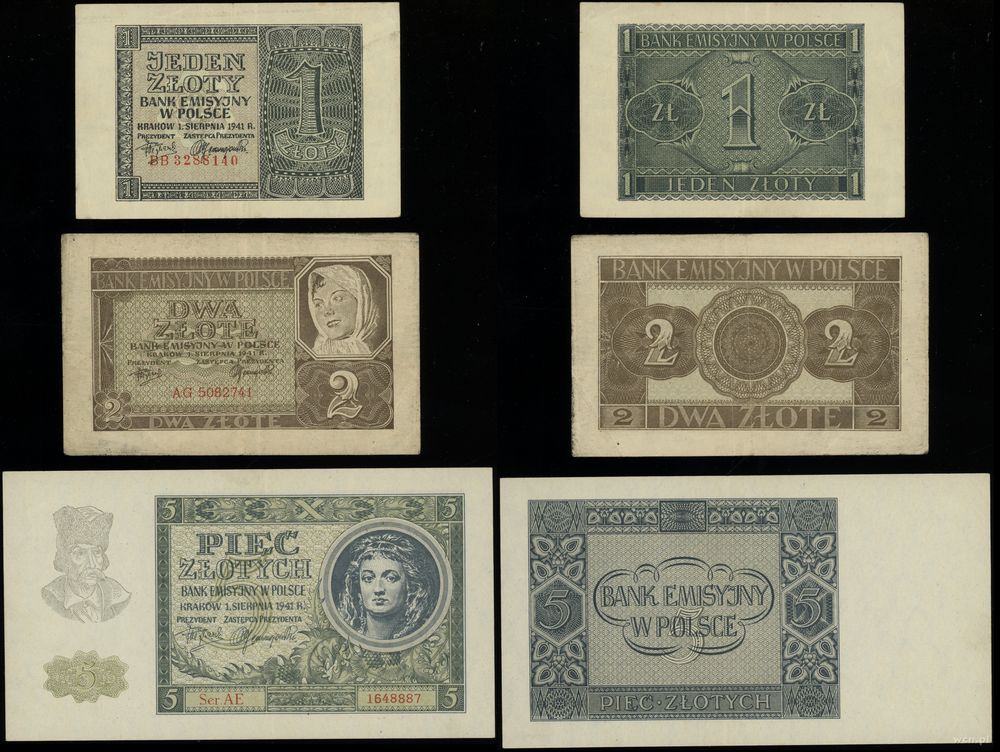 Polska, zestaw 5 banknotów, 1.08.1941
