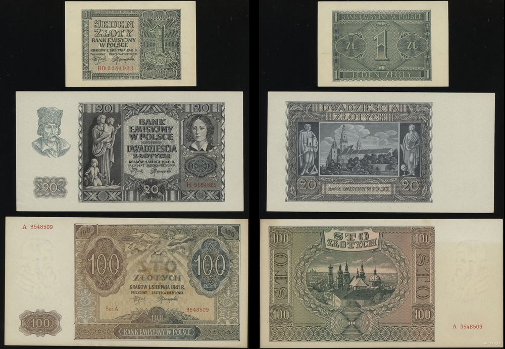 Polska, zestaw 3 banknotów, 1940–1941