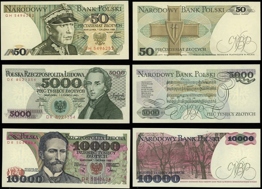 Polska, zestaw 3 banknotów, 1982–1988