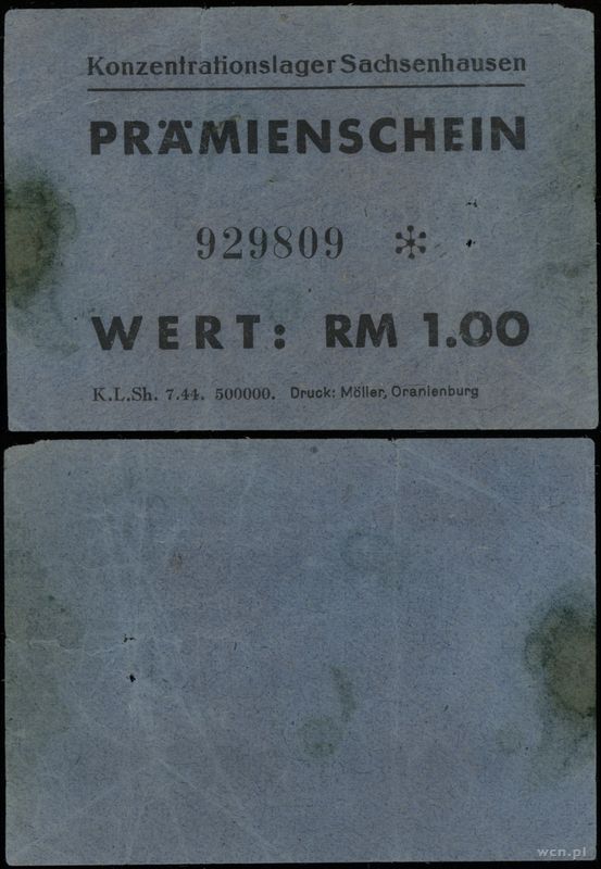 obóz koncentracyjny Sachsenhausen, bon na 1 markę, (1944)