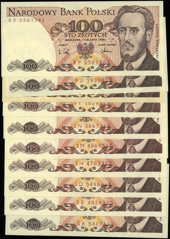 Polska, zestaw: 10 x 100 złotych, 1986–1988