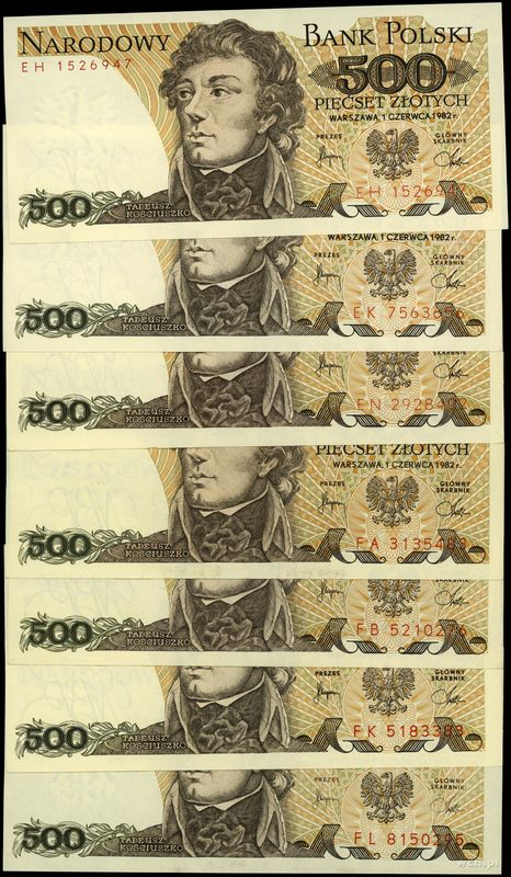 Polska, zestaw: 7 x 500 złotych, 1.06.1982