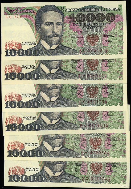 Polska, zestaw: 6 x 10.000 złotych, 1.12.1988