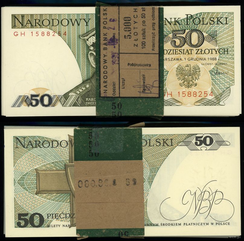Polska, zestaw: 94 x 50 złotych z banderolą NBP, 1.12.1988