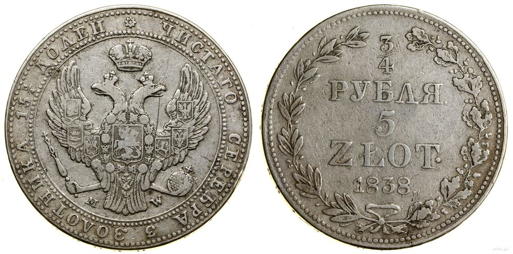 Polska, 3/4 rubla = 5 złotych, 1838 MW