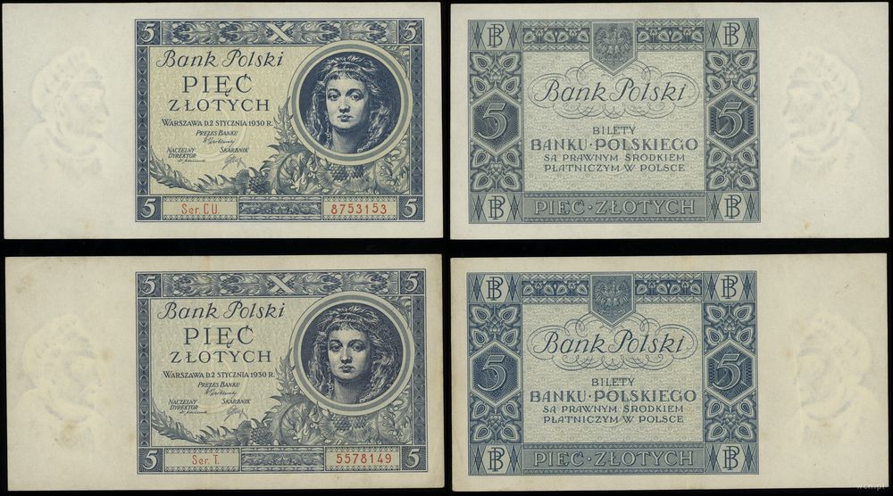 Polska, zestaw: 2 x 5 złotych, 2.01.1930