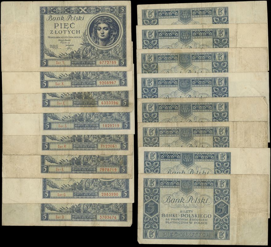 Polska, zestaw: 8 x 5 złotych, 2.01.1930