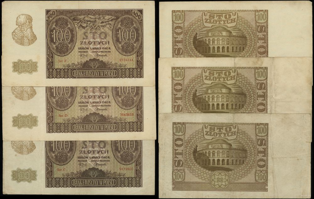Polska, zestaw: 3 x 100 złotych, 1.03.1940