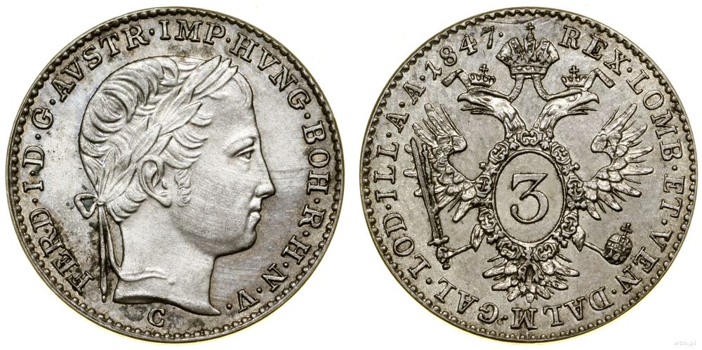 Austria, 3 krajcary, 1847 C