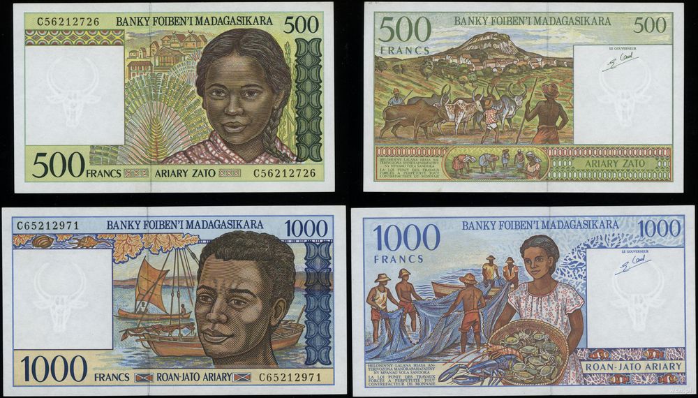 Madagaskar, zestaw: 500 franków = 100 ariary i 1.000 franków = 200 ariary, (1994)