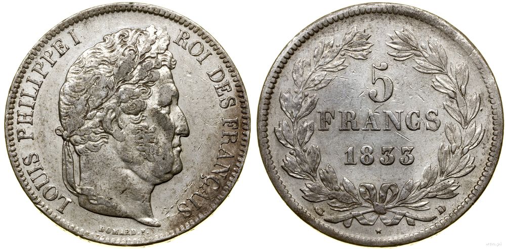 Francja, 5 franków, 1833 D