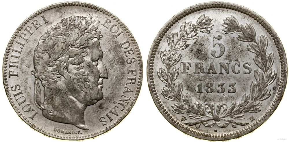 Francja, 5 franków, 1833 H
