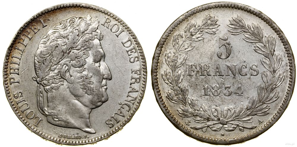 Francja, 5 franków, 1834 A