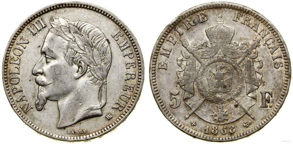 Francja, 5 franków, 1868 BB