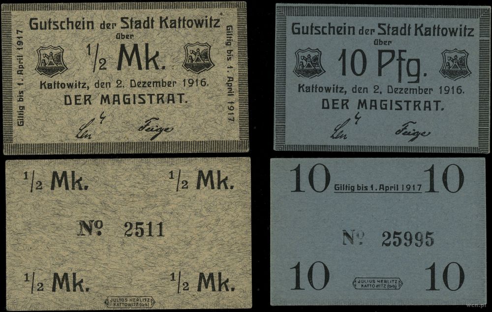 Śląsk, zestaw: 10 fenigów i 1/2 marki, ważne od 2.12.1916 do 1.04.1917