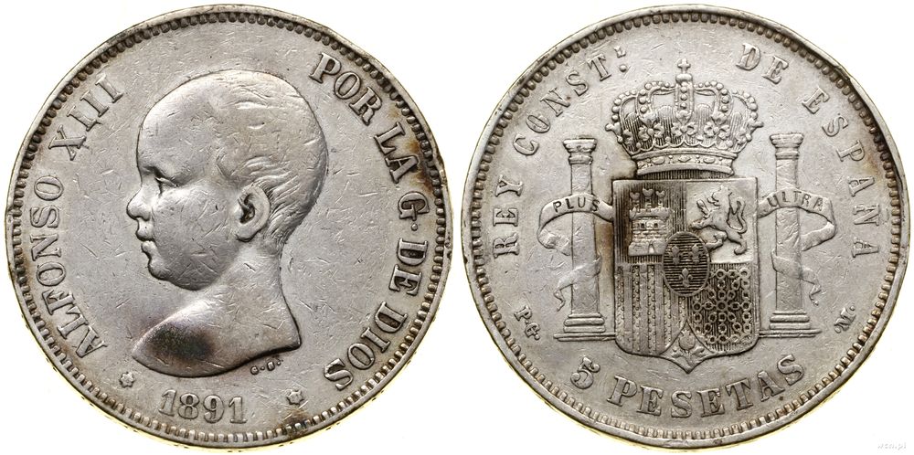 Hiszpania, 5 peset, 1891 PGM