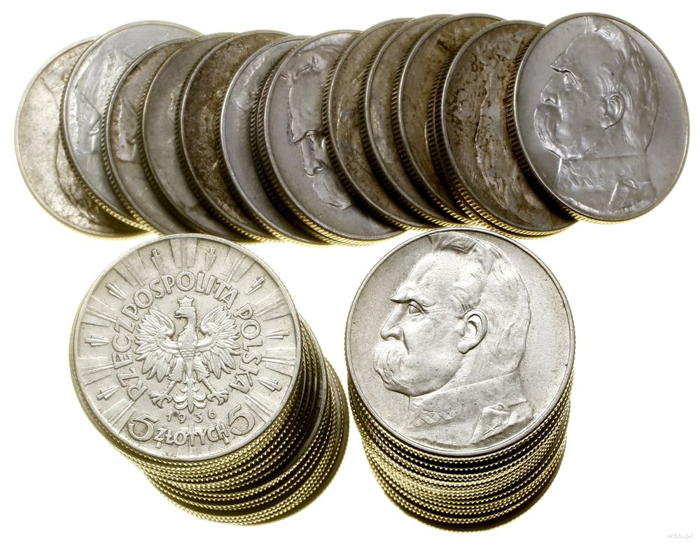 Polska, zestaw 50 x 5 złotych, 9 x 1934, 19 x 1935, 22 x 1936